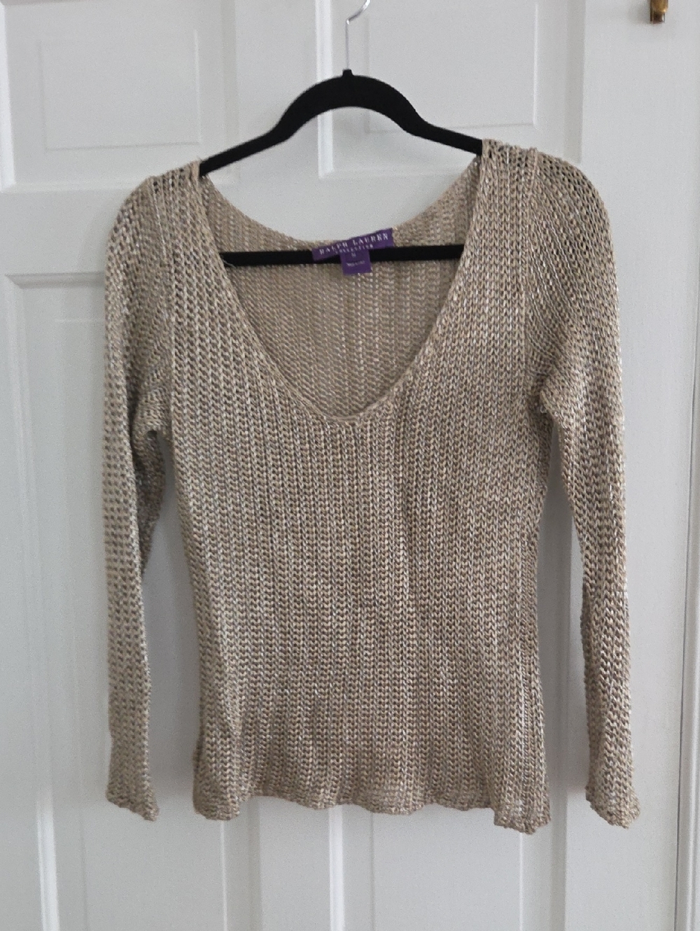 Lauren Ralph Lauren Neutral Open-Weave V-Neck Long Sleeve Top